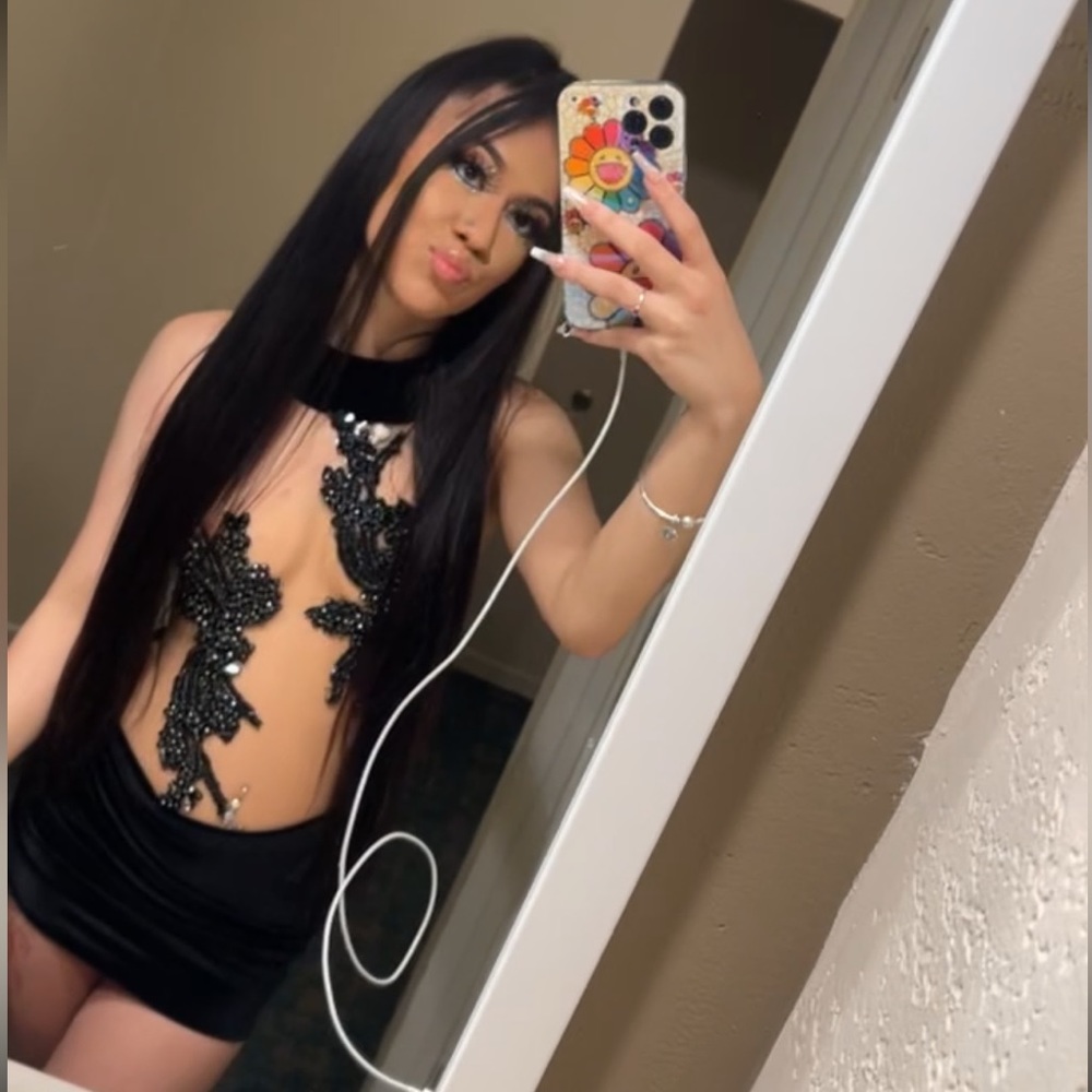 Black custom made dress with rhinestones